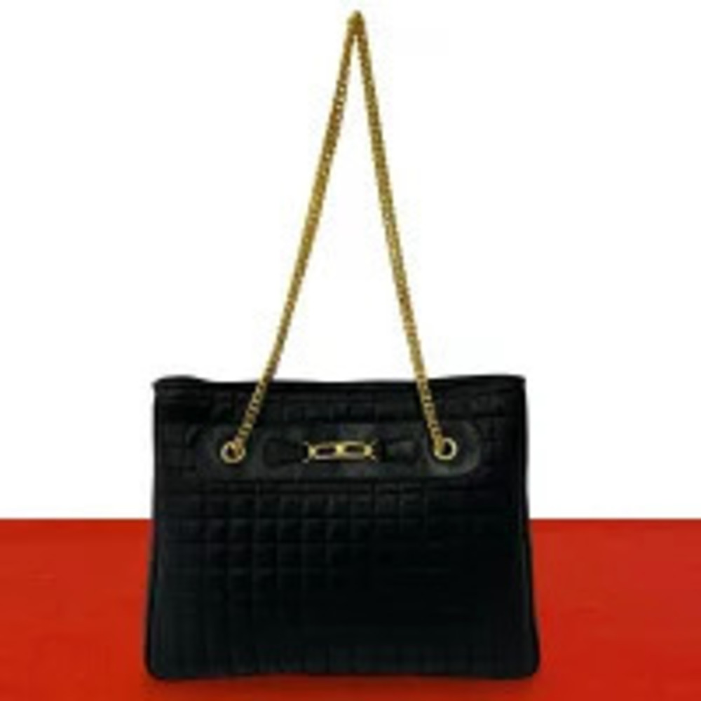 Celine Blazon Triomphe Leather Chain Shoulder Bag Tote Black